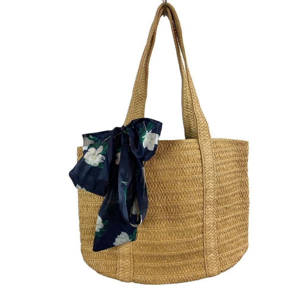 Draper James Lined Straw Tote Handbag Natural‎ Navy Blue Purse Scarf